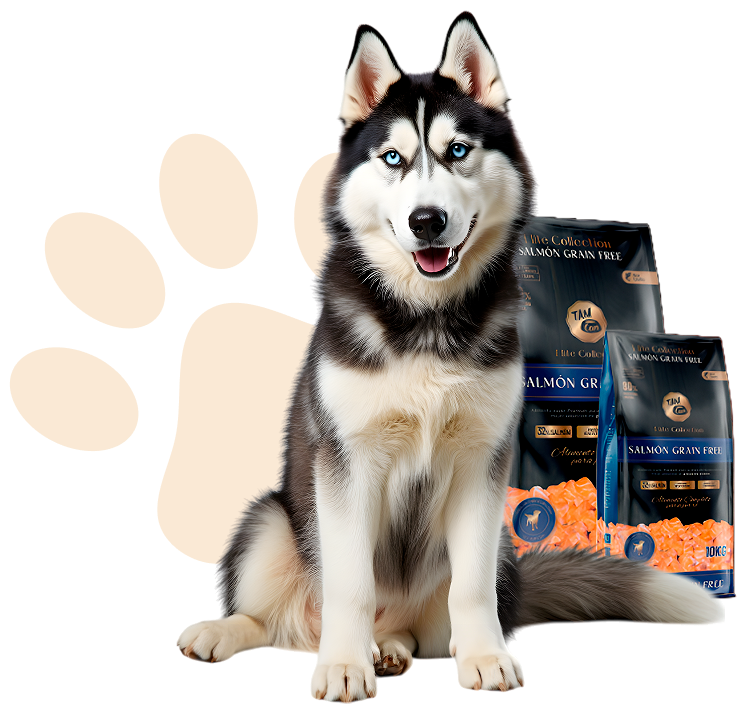 Perro comiendo pienso TamCan Petfood diseñado para una nutrición equilibrada